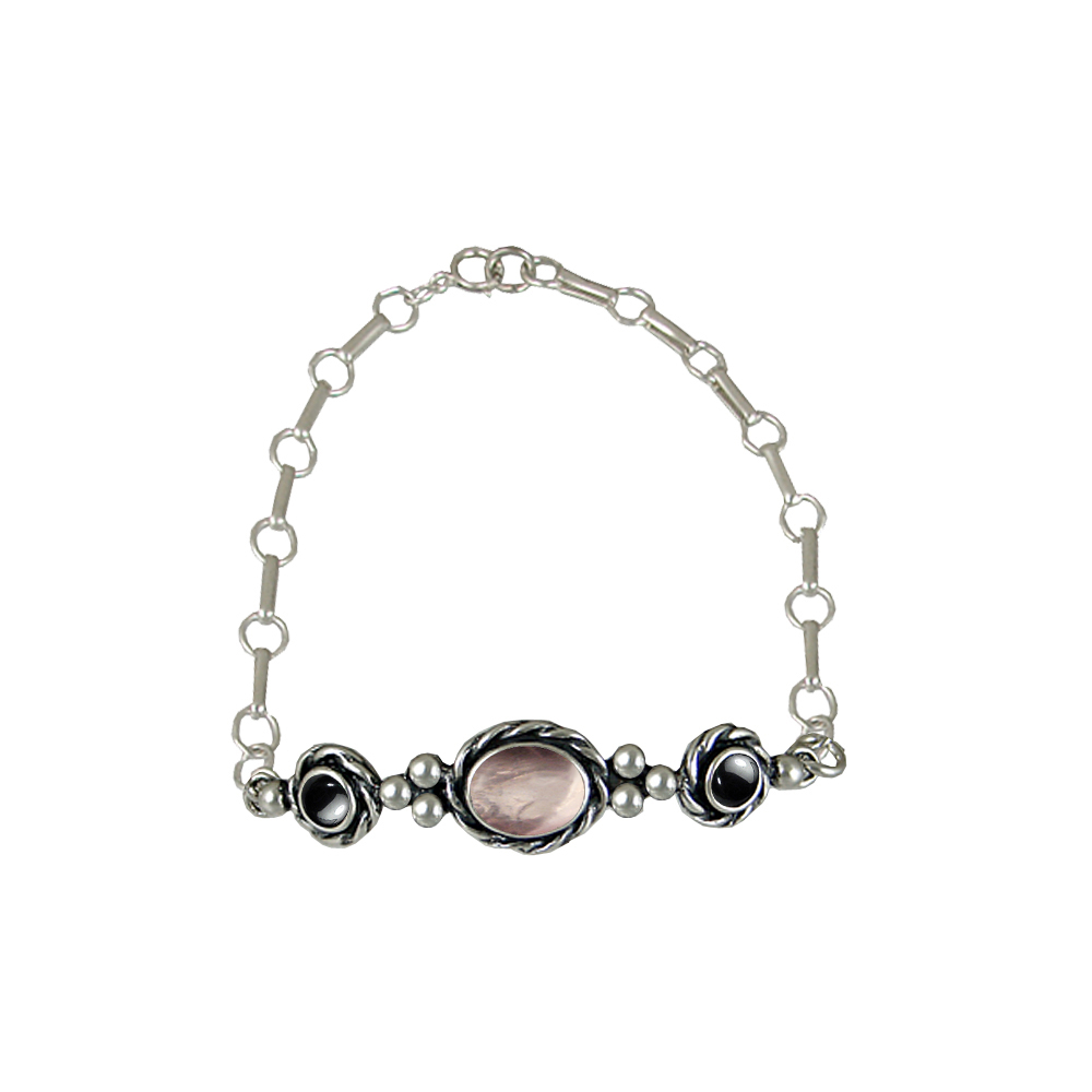 Sterling Silver Gemstone Adjustable Chain Bracelet With Rose Quartz And Hematite